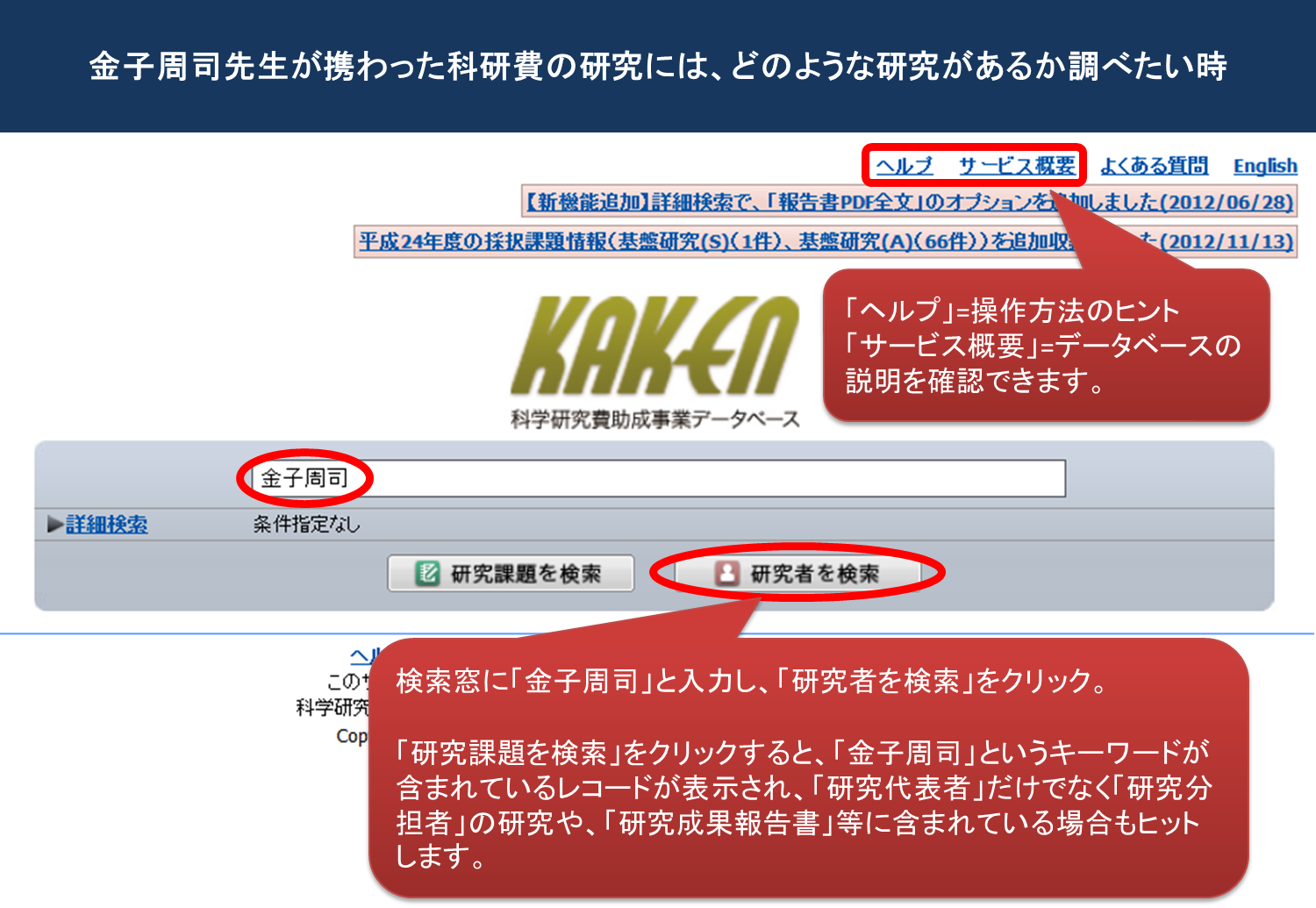 京都大学図書館機構 国立情報学研究所 Kaken 科学研究費助成事業データベースの使い方