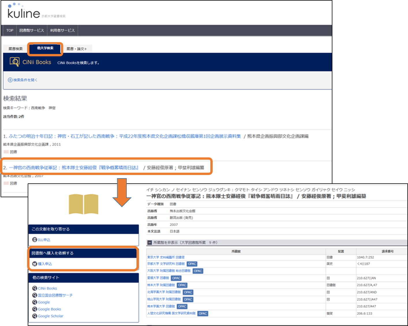 KULINE [他大学検索]タブから申し込む画面